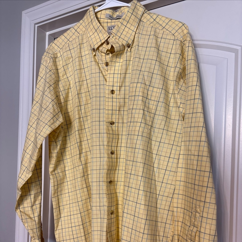 LL Bean Button Down Shirt Mens Large Yellow Plaid Checks Long Sleeve Wrinkle Rst
